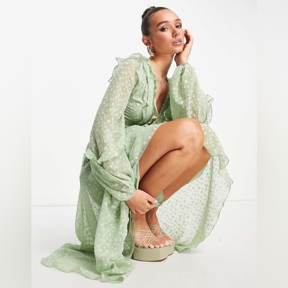 ASOS Pleat Detail Midi Dress In Jacquard Satin Spot With Tie Detail In Sage - Picture 3 of 7